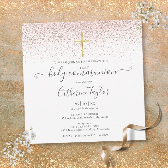 Invitación Elegante Primera Comunión con Brillo de Oro Rosa (Elegant Rose Gold Glitter First Holy Communion Invitation)