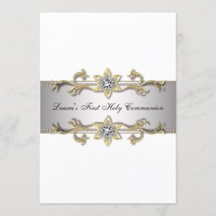 Invitación Elegante Primera Comunión de Niñas en Blanco y Dor