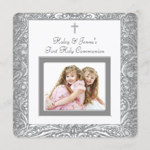 Invitación Elegante Primera Comunión Doble en Blanco