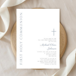 Invitación Elegante Primera Comunión Escritura Azul Polvo