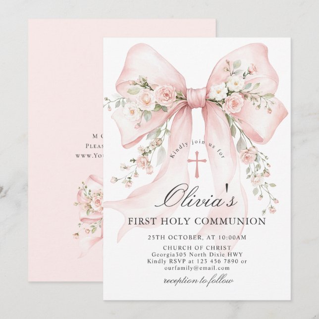 Invitación Elegante Primera Comunión Floral Rosa Rubor (Anverso / Reverso)