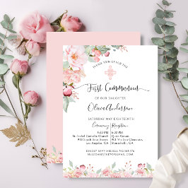 Invitación Elegante primera comunión floral rosa y menta
