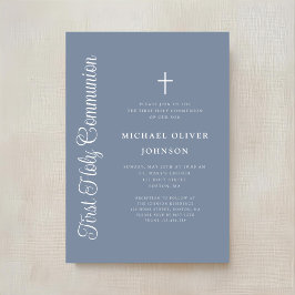 Invitación Elegante Primera Comunión Niño Escritura Azul Polv