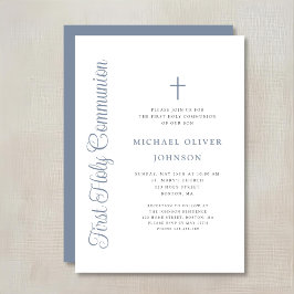 Invitación Elegante Primera Comunión Niño Escritura Azul Polv