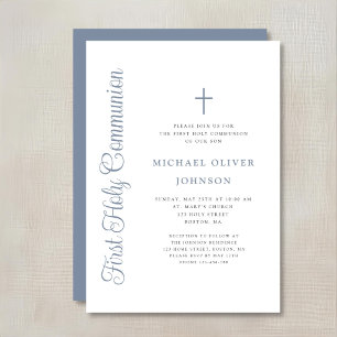 Invitación Elegante Primera Comunión Niño Escritura Azul Polv