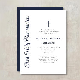 Invitación Elegante Primera Comunión Niño Escritura Azul Polv
