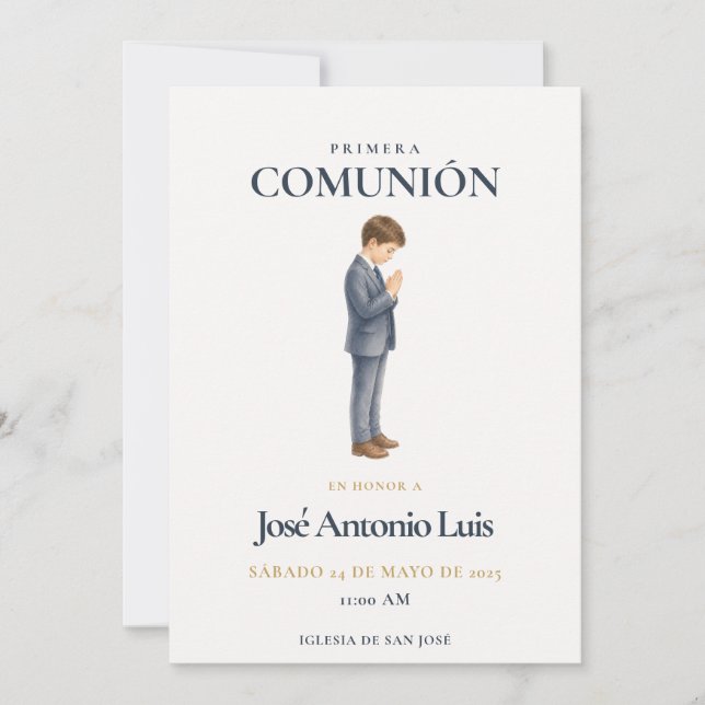 Invitación Elegante Primera Comunión Niño Rezando (Anverso)