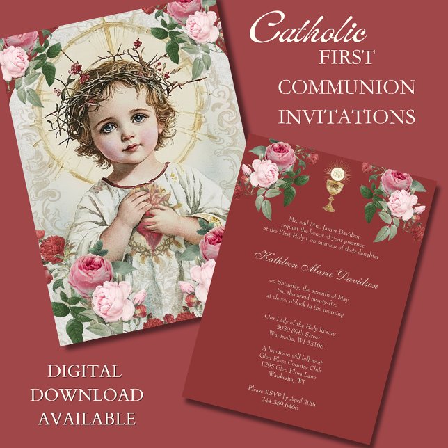 Invitación Elegante Primera Comunión Rojo Rosa Floral Jesús (Subido por el creador)