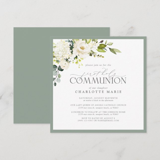 Invitación Elegante Primera Comunión Sage Green Floral (Anverso / Reverso)