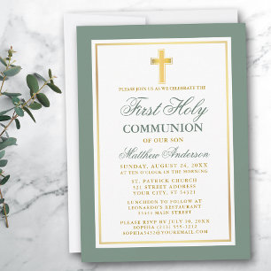 Invitación Elegante Primera Comunión Sage Green Gold