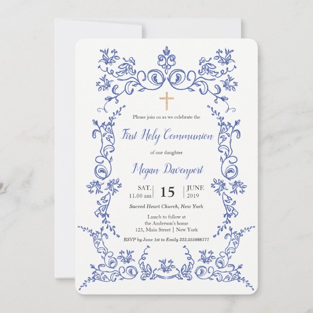 Invitación Elegante Primera Comunión Santa Azul (Anverso)