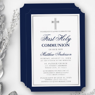 Invitación Elegante Primera Comunión Santa Azul y Plata
