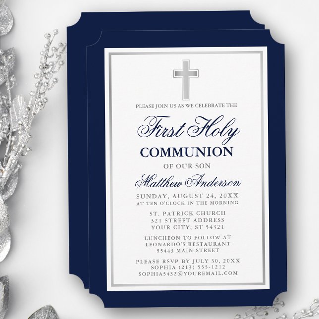Invitación Elegante Primera Comunión Santa Azul y Plata (Customize to change text size, style, color or to add more text or photos to back of card.)