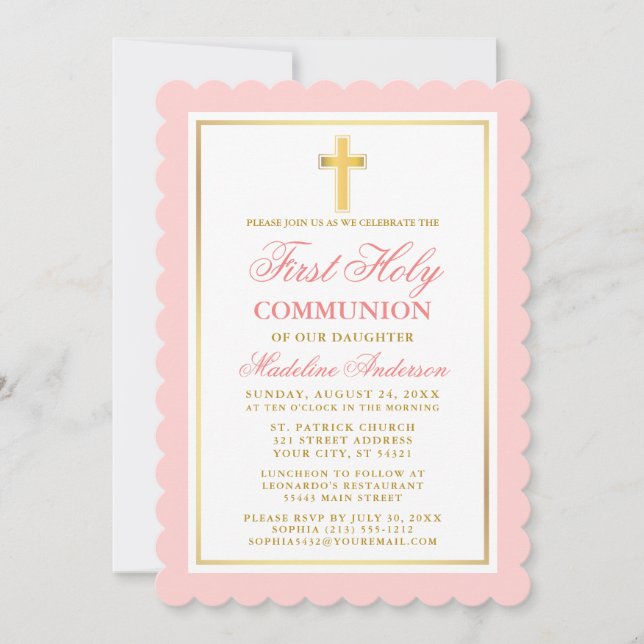 Invitación Elegante Primera Comunión Santa Comunista Rosa y O (Anverso)