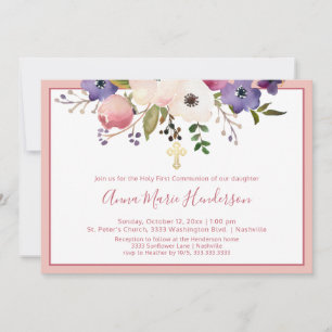 Invitación Elegante Primera Comunión Santa Niña Floral Rosa