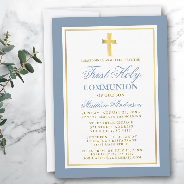 Invitación Elegante Primera Comunión Santa Oro Azul Dusty (Customize to change text size, color or text style.)