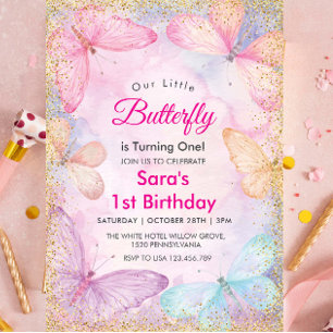 Invitación Elegante Primera Mariposa Colorida de Cumpleaños