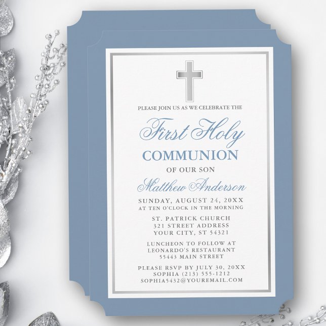 Invitación Elegante Primera Santa Comunión Dusty Blue Silver (Customize to change text size, style, color or to add more text or photos to back of card.)