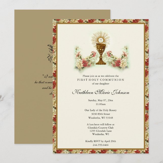 Invitación Elegante Primera Santa Comunión Floral (Anverso / Reverso)