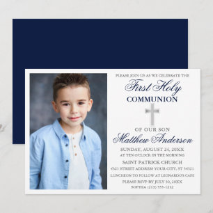 Invitación Elegante Primera Santa Comunión Foto Plata Azul