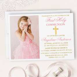 Invitación Elegante Primera Santa Comunión Foto Rosa y Oro