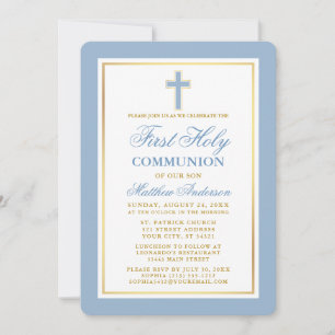 Invitación Elegante Primera Santa Comunión Luz Oro Azul