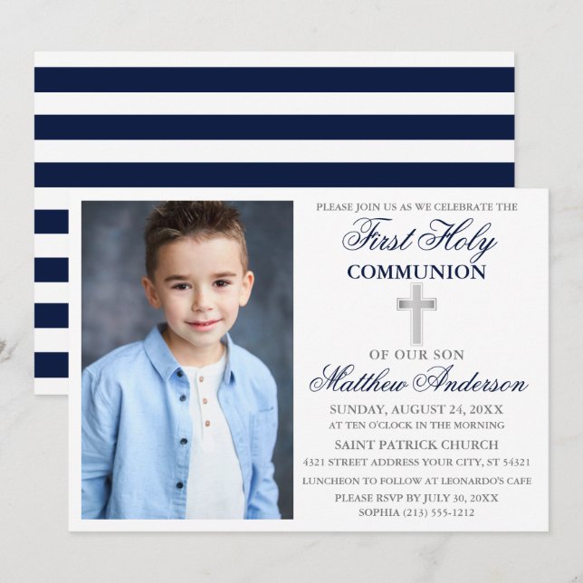 Invitación Elegante Primera Santa Comunión Plata Azul a rayas (Anverso / Reverso)
