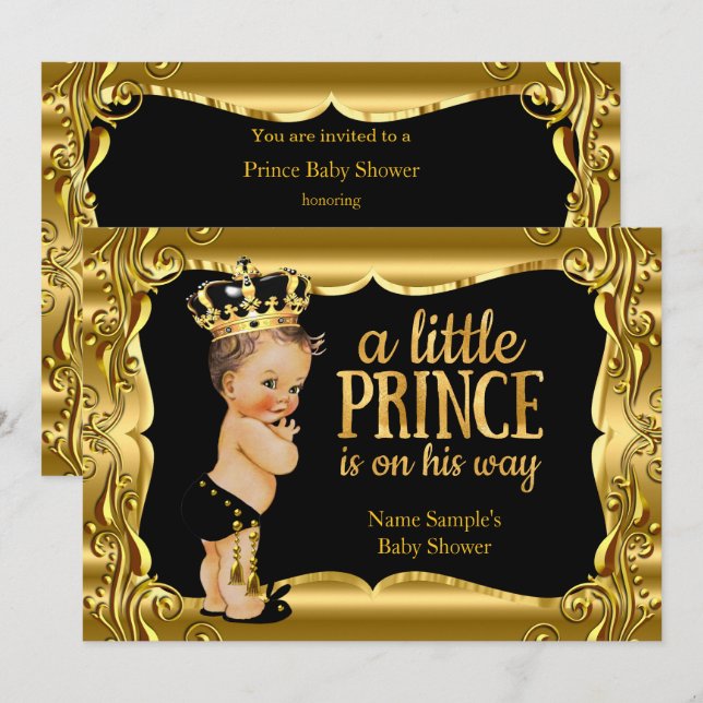 Invitación Elegante Prince Baby Shower Black Gold Brunette (Anverso / Reverso)