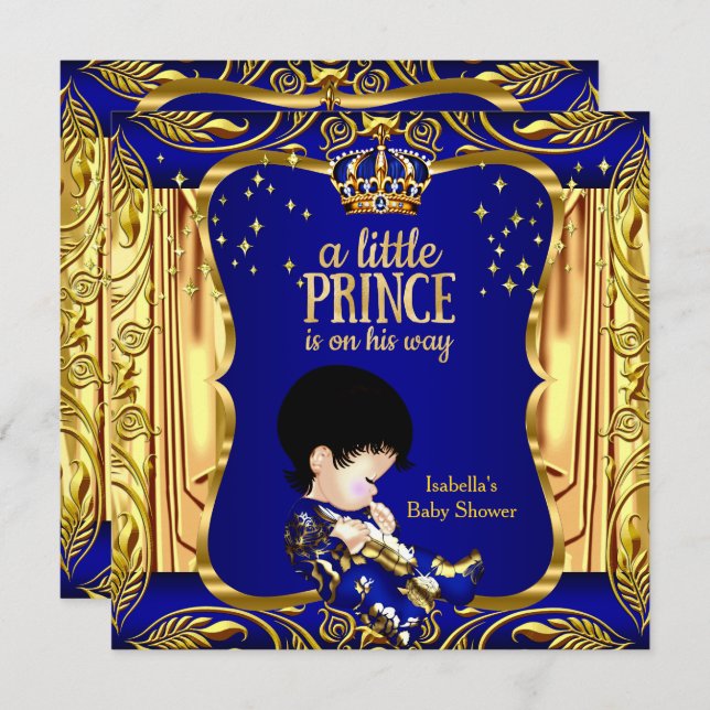 Invitación Elegante Prince Baby Shower Blue Gold Brunette (Anverso / Reverso)