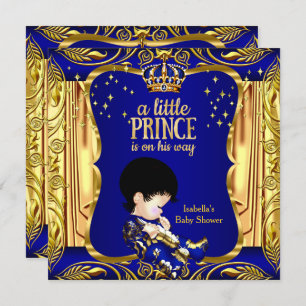 Invitación Elegante Prince Baby Shower Blue Gold Brunette
