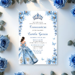 Invitación Elegante Princesa Azul Dusty Floral Quinceañera