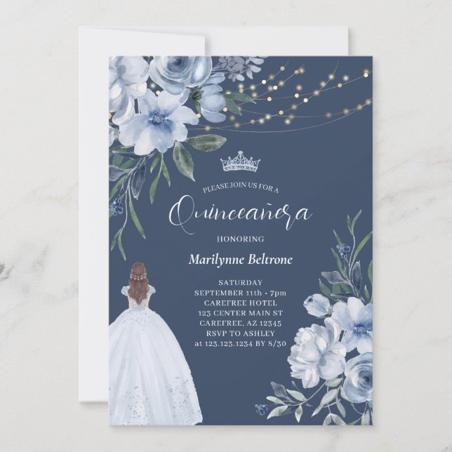 Invitación Elegante Princesa Azul Quinceañera (Anverso)
