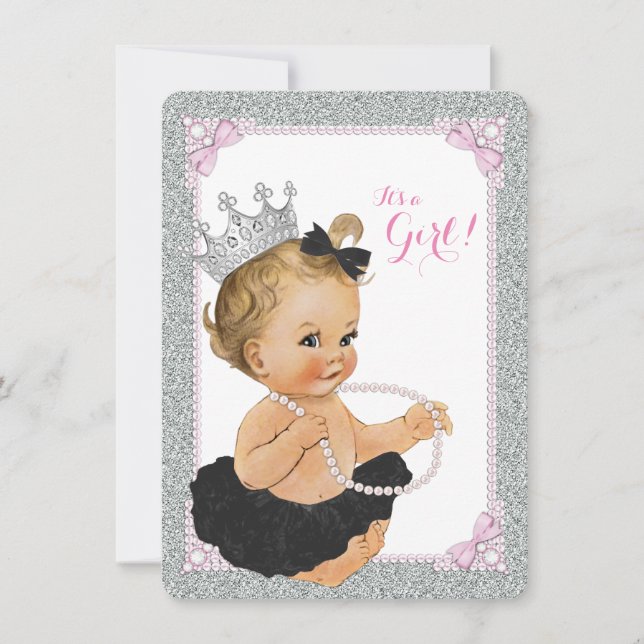 Invitación Elegante Princesa Black Tutu Pearl Baby Shower (Anverso)