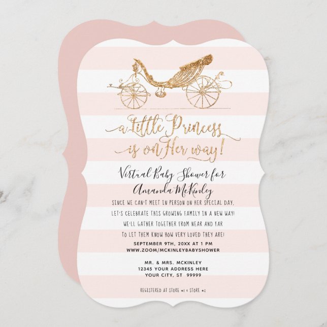 Invitación Elegante Princesa Carriage Gold Virtual Baby Showe (Anverso / Reverso)