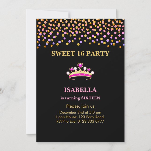 Invitación Elegante princesa corona dulce 16 sobre negro (Anverso)