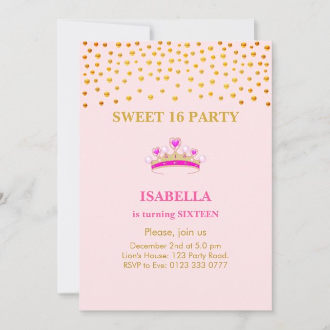 Invitación Elegante princesa corona dulce 16 sobre rosa (Anverso)