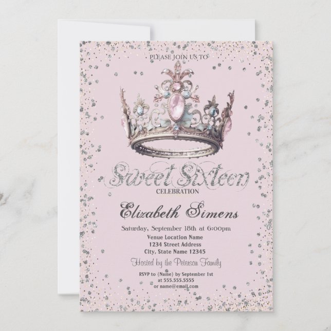 Invitación Elegante Princesa Crown Diamantes Confetti Sweet 1 (Anverso)