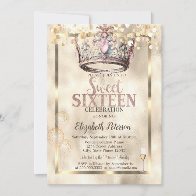Invitación Elegante Princesa Crown Globos Marco Dulce 16 (Anverso)