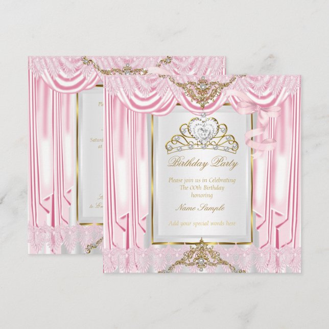 Invitación Elegante Princesa Cumpleaños Fiesta Rosa Dorado Bl (Anverso / Reverso)