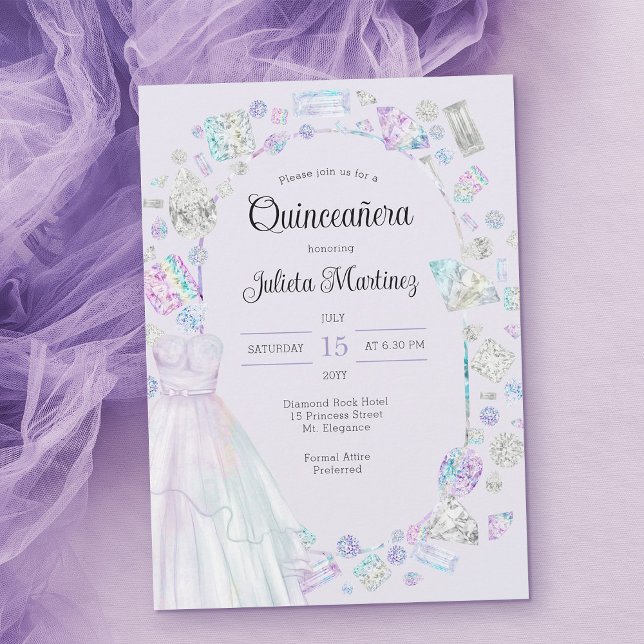 Invitación Elegante Princesa de Diamantes Gown Lilac Quincean (Light purple quinceanera invitation template with princess ball gown ..)