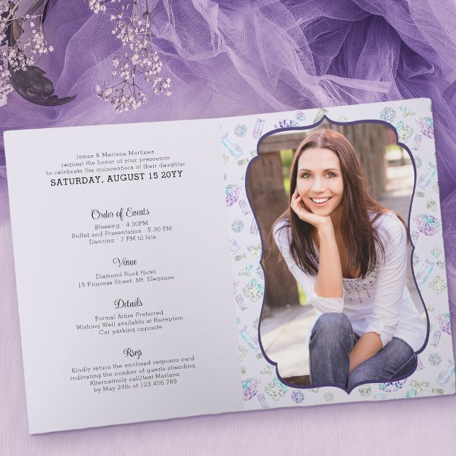 Invitación Elegante princesa de diamantes Quinceanera foto do (Formal quinceanera invitation with a photo of the quince and plenty of room for all the deets)