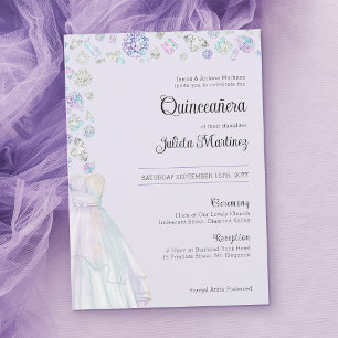 Invitación Elegante Princesa de Diamantes Quinceañera y Misa