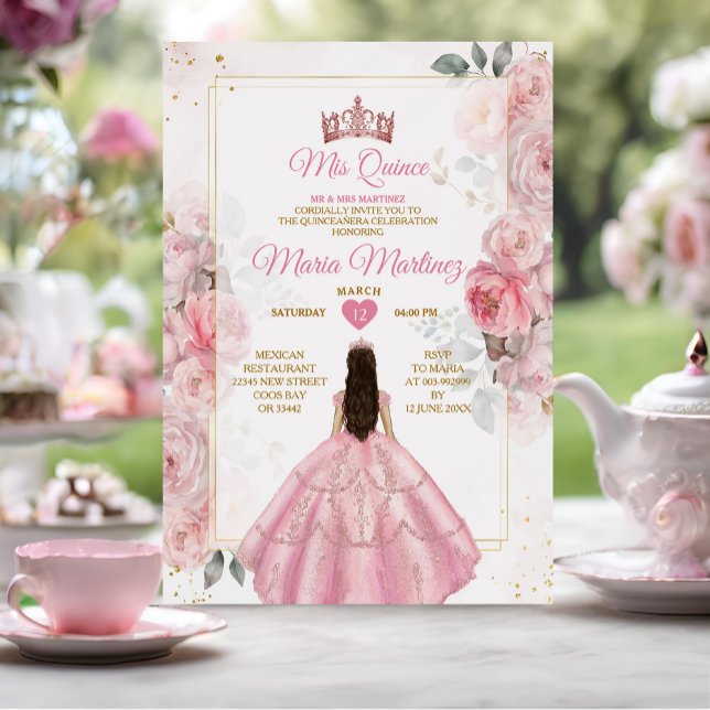 Invitación Elegante Princesa De Flora De Oro Rosa Rosa Miseri (Subido por el creador)