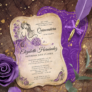 Invitación Elegante Princesa de Oro Púrpura Quinceanera Cumpl