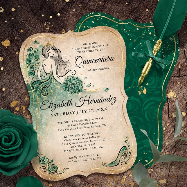 Invitación Elegante Princesa de Oro Verde Quinceanera Cumplea (Unique, downloadable gold and emerald green quinceanera invitations on an editable DIY template.)