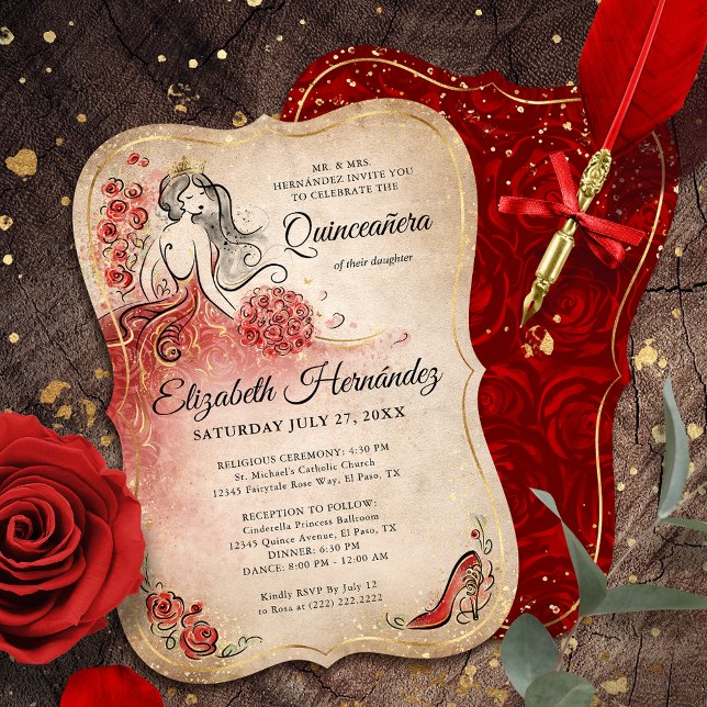 Invitación Elegante Princesa de Oro y Rojo Quinceanera Cumple (Elegant princess red and gold quinceanera invitations that can be personalized by you.)