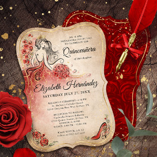 Invitación Elegante Princesa de Oro y Rojo Quinceanera Cumple