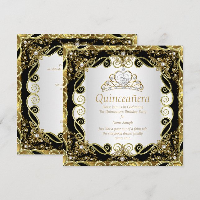 Invitación Elegante Princesa de Quinceañera con Perlas de Oro (Anverso / Reverso)