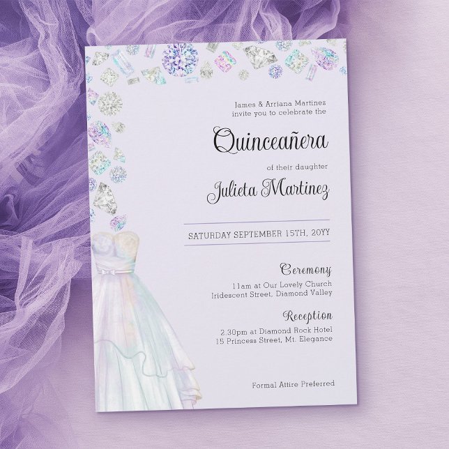 Invitación Elegante Princesa del Diamante Quinceanera y Masa (Elegant Quinceanera invitation template in light purple)