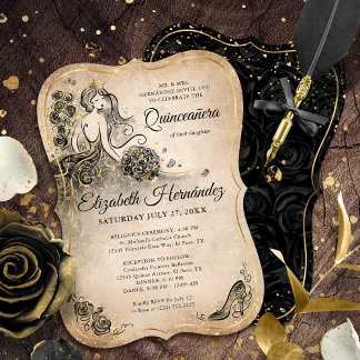Invitación Elegante Princesa Dorada Negra Quinceanera Cumplea